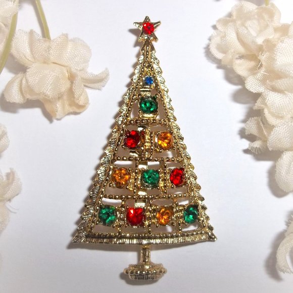 Vintage Christmas Tree Brooch Rhinestone Signed BJ Beatrix Gold Jewelry 6848 - Picture 2 of 8